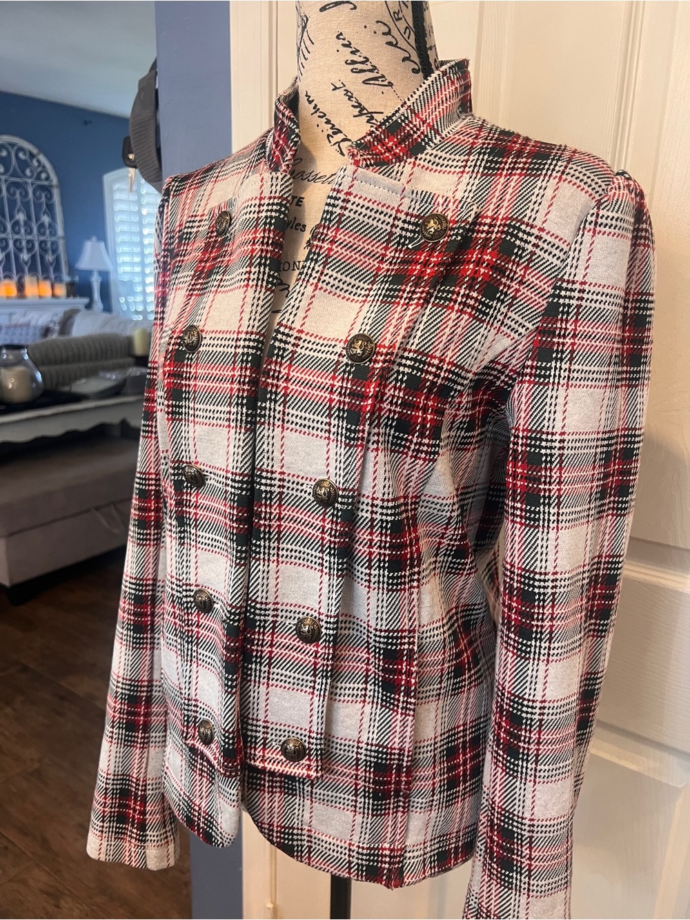Tommy Hilfigure Red Black Tartan Plaid Military Jacket Blazer vintage utility